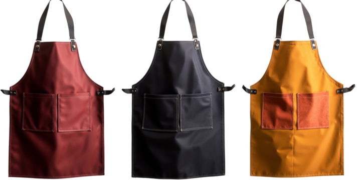 Three stylish aprons in red, black, and yellow colors   
