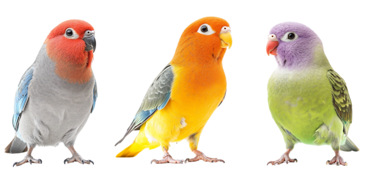 Three colorful parrots standing in a row against white background  