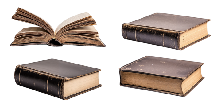 Antique leather-bound books in various positions on white background  