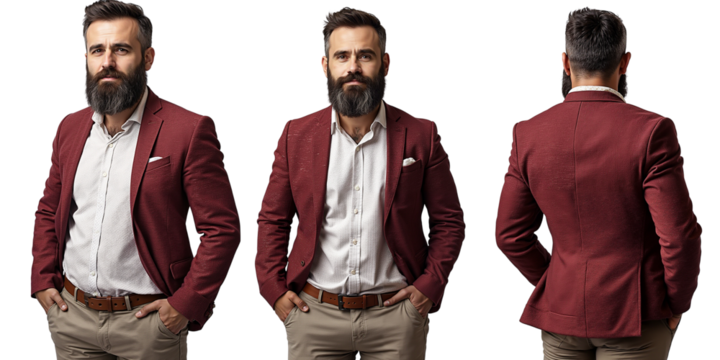 Man in a burgundy blazer posing in three different angles  