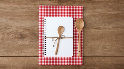 Blank note book for recipes with wooden spoon on tabletop