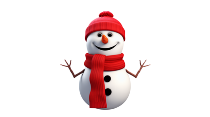 Festive snowman with bright red hat and scarf spreading holiday cheer and winter joy, ready for Christmas