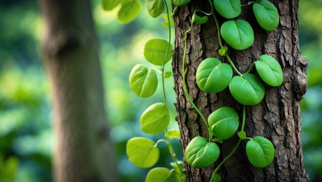 Close-up of a tree trunk with green ivy leaves climbing on it in a lush forest environment. - Powered by Adobe