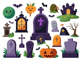 Halloween Cemetery Flat Design with Tombstones Bats Haunted House Pumpkins and Other Spooky Elements on white background