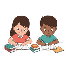 Two children studying together and writing in notebooks at a table  