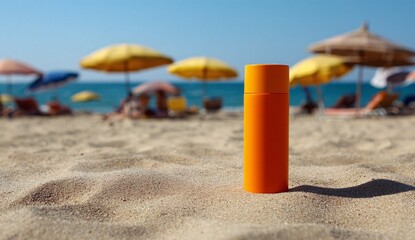 Orange sunscreen bottle standing on the sand of a tropical beach