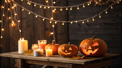 Halloween still life with carved pumpkins candles and fairy lights on a wooden table dark background on white