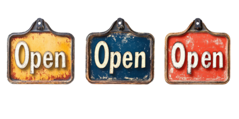Vintage open signs in yellow, blue, and red colors  