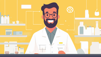 Smiling Chemical Engineer in Modern Flat Style Poses for Presentation