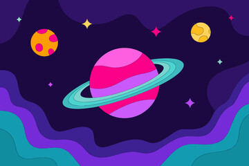 Colorful Cartoon Space Scene with Planets and Stars for Childrens Illustration and Background Design with Creative Composition