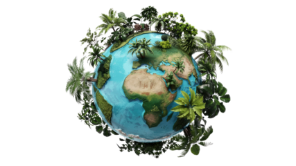Lush Tropical Planet Earth 3D Render of Globe Surrounded by Exotic Plants