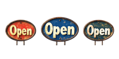 Vintage open signs in red, blue, and brown color tones  