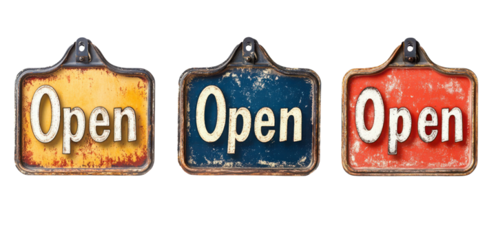 Vintage open signs in yellow, blue, and red colors  