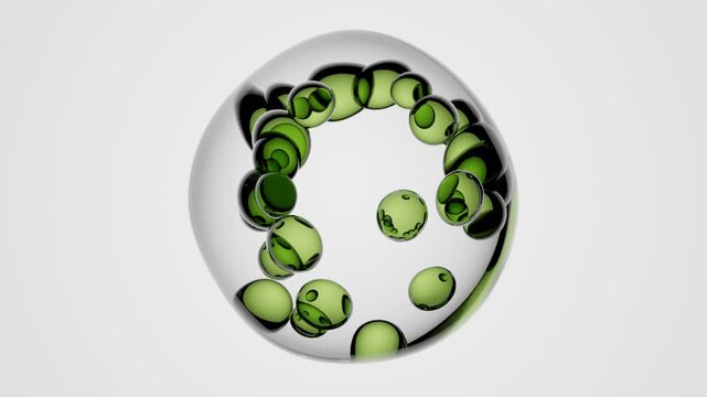 Airy Transparent Cells with Green Core Particles Hovering Over Polished Surface, Minimal 3D Seamless Loop for Wellness Concepts, Molecular Science, and Abstract Visuals