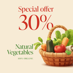 Banner with vegetables in a basket for promotional discounts and offers, 3D. Realistic modern image of farm natural vegetables. Organic, fresh products. Vector illustration.
