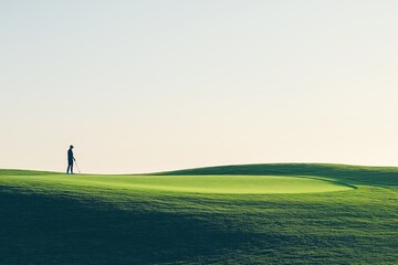 Minimalist Golf Scene with Player Mid-Swing on Vast Green Under Pale Sky