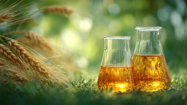 wheat oil production featuring sunlit glass jars filled with oil and golden wheat grains on a natural surface.
