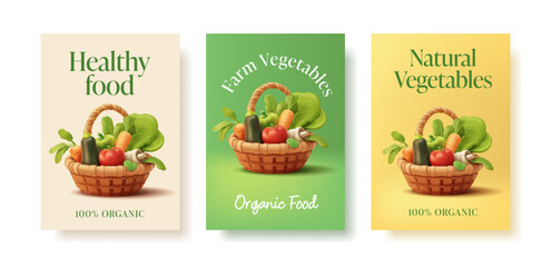 Set of colorful modern posters with realistic vegetables in a basket, 3D. For concepts of advertising and discounts on farm organic vegetables and products. Vector illustration.