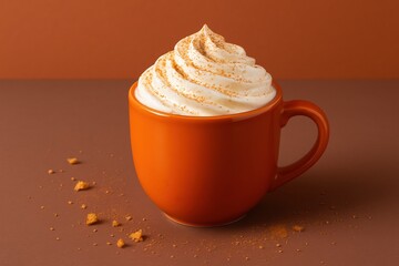 Delicious pumpkin spice latte with whipped cream and cinnamon in an orange mug on a warm brown surface representing autumn cozy seasonal beverage