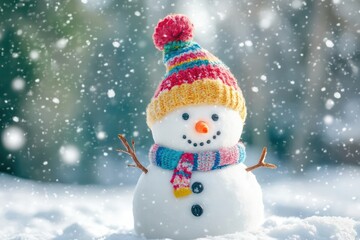 Fototapeta premium Close-Up Snowman in Knitted Hat in Snowy Forest