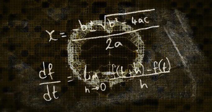 Grid emerging, chalk-style brain glowing, derivative, quadratic formulas sketching, explaining math