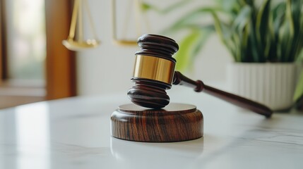 Gleaming Wooden Gavel on a Marble Surface with Scales in Background