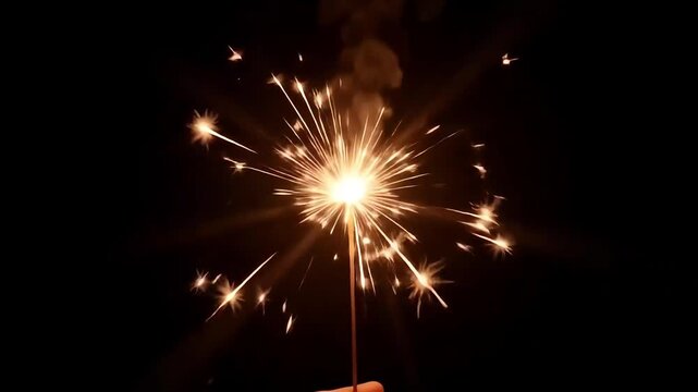 A single sparkler burning brightly in the dark with many sparks emanating from a central point