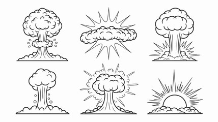Nuclear Explosion Mushroom Cloud Vector Set in Black and White Cartoon Style Great for Design and Illustration Projects