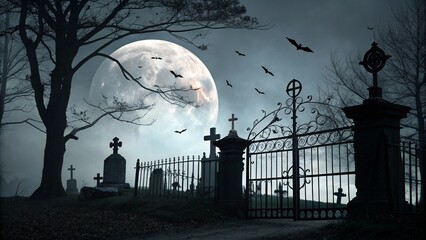 Spooky Halloween Cemetery Scene with Full Moon and Bats on white background