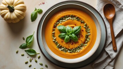 A bowl of pumpkin soup garnished with basil, seeds, and herbs on a light surface with a pumpkin, basil leaves, and a wooden spoon nearby.