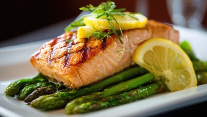 Grilled salmon fillet atop asparagus, garnished with lemon slices and herbs