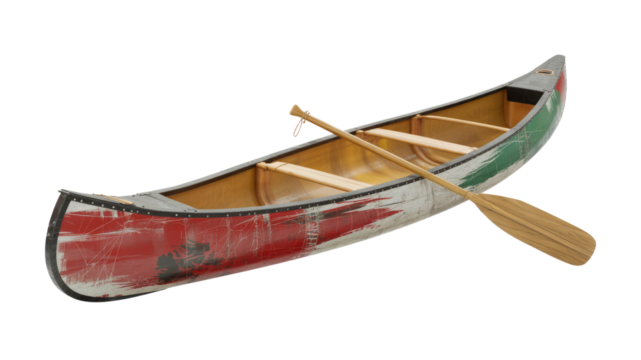 Vintage Red, White, and Green Canoe with Wooden Paddle