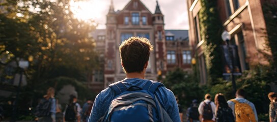 Rearview photography of a young teenage boy wearing a backpack, looking at the school building