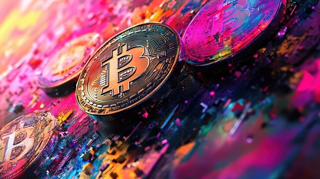 Vibrant Digital Art Representing Bitcoin with Layered Minting Process - Powered by Adobe