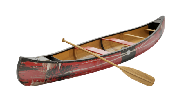 Red and Black Canoe with Paddle - Isolated on Transparent Background