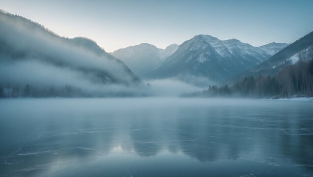 A serene mountain landscape with mist over a calm lake and distant snow-capped peaks. - Powered by Adobe
