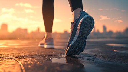 Runner's feet on track during sunrise