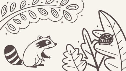 Obraz premium A playful raccoon illustration surrounded by leaves, showcasing nature's charm in a whimsical design.