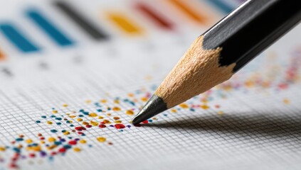 Close-up of a pencil poised over colorful data points on a gridded document