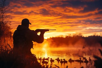 Hunter and dog shoot ducks at sunrise