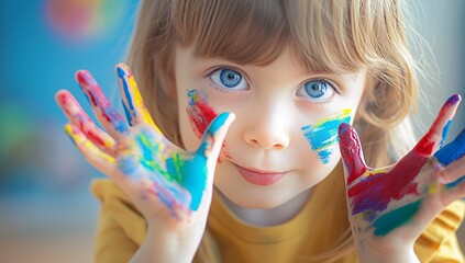 Portrait of joyful cute preschooler little boy 5-6 years with colorful painted hands