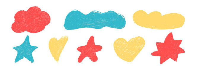 Crayon text box frame with rough border. Cute doodle paper label sticker for memo note or tag. Cloud, star and heart highlight speech bubble. Kindergarten chalk textbox with jagged stroke drawing.