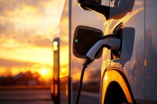 Electric lorry charges at sunset in eco depot - Powered by Adobe