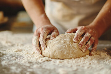Fototapeta premium Baking Fresh Homemade Bread Kneading Dough Rustic Kitchen Cooking Concept Artisan Bakery Generative AI