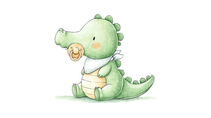 Baby Alligator Sits With Pacifier And Bib Isolated.