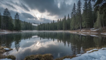 Fototapeta premium A serene lake surrounded by evergreen trees during cloudy weather with snow patches, reflecting the sky and forest.