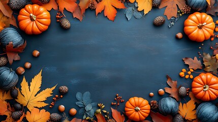 Orange and blue pumpkins with autumn leaves and nuts on dark blue background fall squash