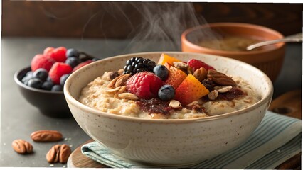 Hot steaming oatmeal bowl with fresh berries and nuts