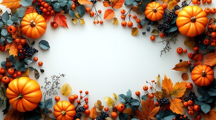 Obraz premium Orange pumpkins autumn leaves and berries arranged in a decorative border fall