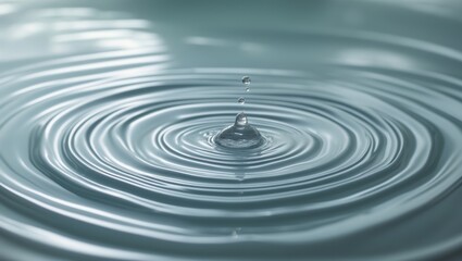 Close-up of water droplet falling into water, creating concentric ripples, tranquil and reflective.